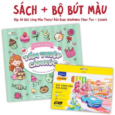 Combo Sách Tô Màu - Tấm Thiệp Cảm Xúc + Hộp 20 Bút Lông Màu Pastel Rửa Được Washable Fiber Pen - Colokit SWM-C008 (2024) - Little Rainbow